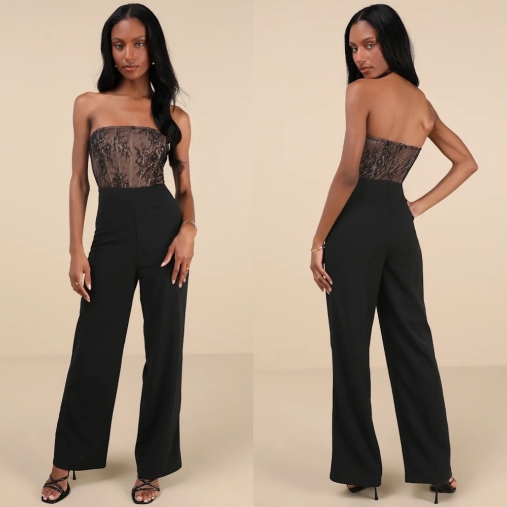 Lulus Adannaya Black Lace Strapless Bustier Jumpsuit M Wedding Party Formal